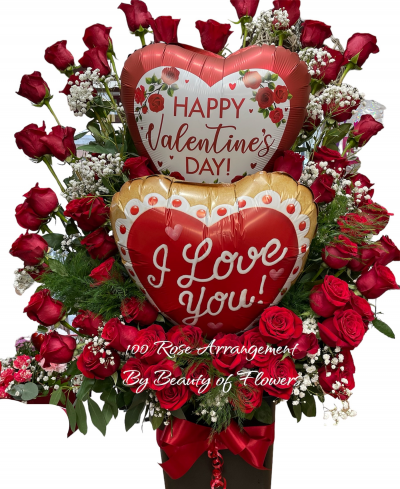 100 Red Rose Arrangement - 100 red roses for Valentine delivered in Derby and Derbyshire by Beauty of Flowers