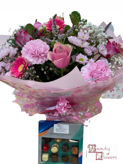 Pink Watered Hand Tied and Chocolates Product Image