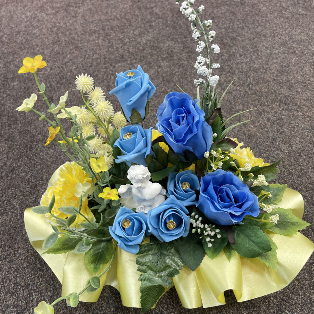 Artificial Blue and Yellow Cherub Posy