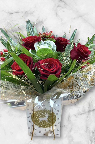 Love At Christmas - Love at Christmas red rose hand tied designed by Beauty of Flowers and delivered or available for collection in Derby and Derbyshire