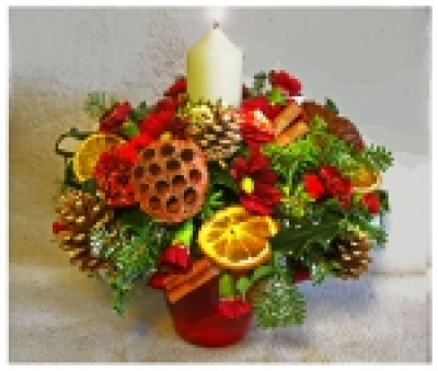 Christmas Arrangement - It's the time of the year to deck the halls with something truly special or send a gift to someone special and truly gorgeous. 
This Christmas arrangement is truly beautiful. With reds, oranges and gold colours this will match anyone's décor. It comes with a candle, but should you wish not to have a candle please tell us within your order.